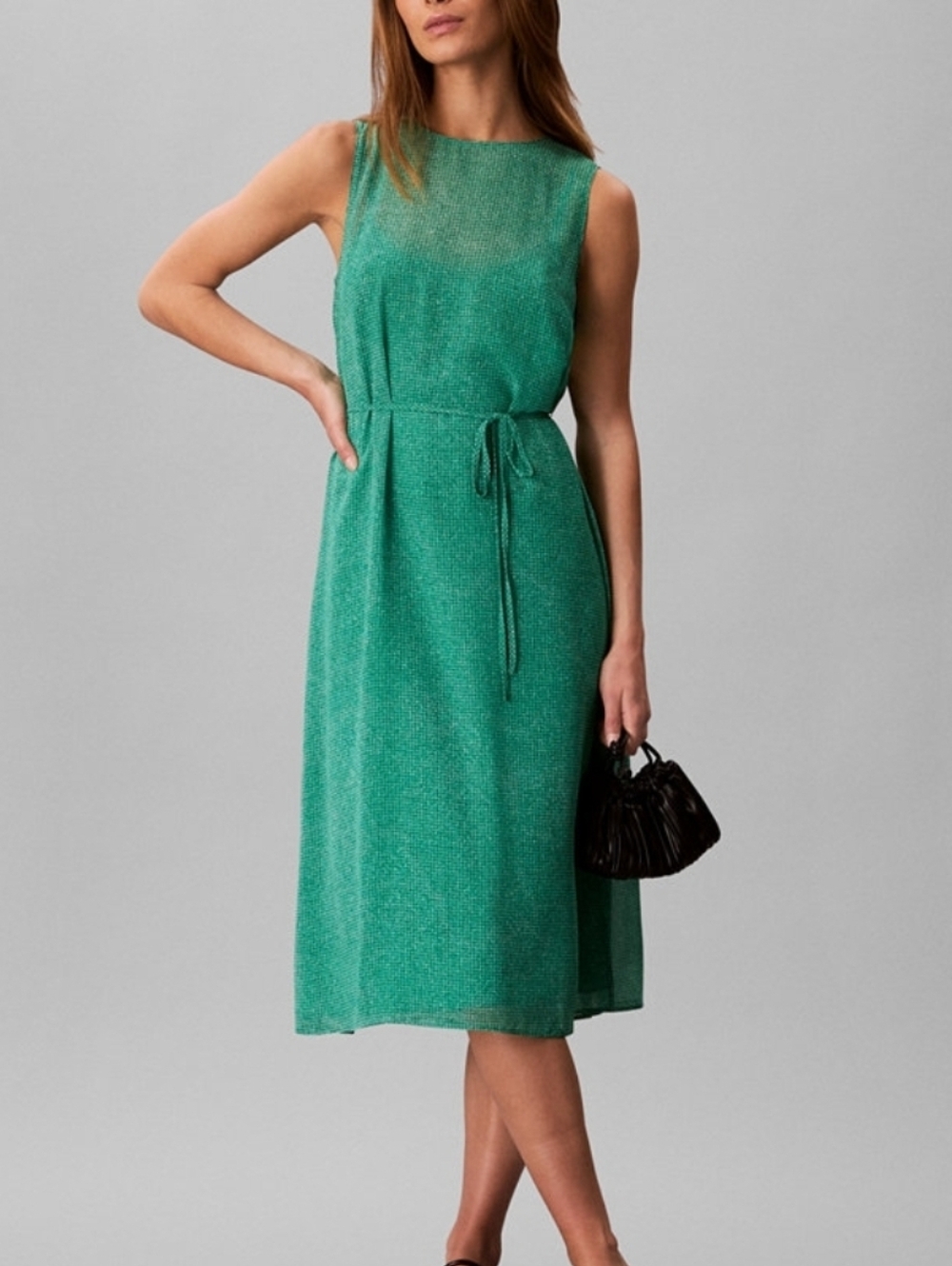 Calvin Klein Sleeveless Teal Midi Printed Chiffon Dress Size M (Belt Is Missing)